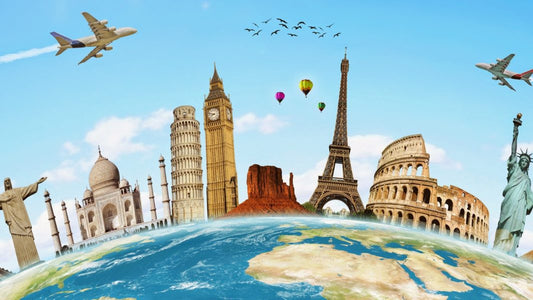 a colorful background of a cartoon plane flying over iconic momuments from around the world