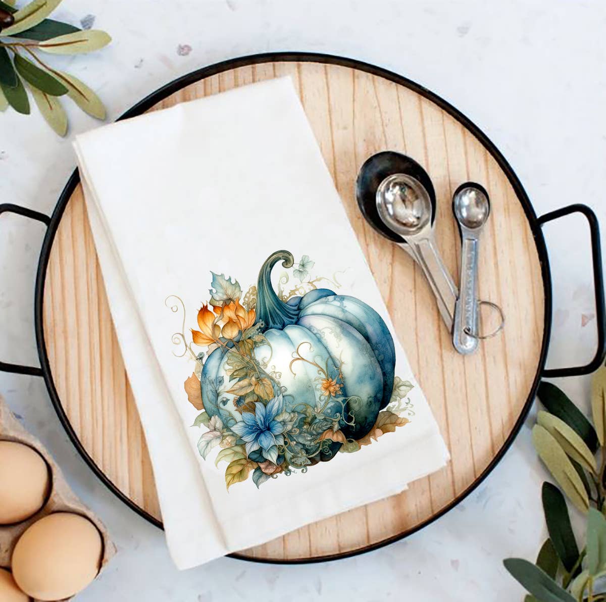 Fall Autumn Blue Pumpkin Flowers Flour Sack Tea Towel