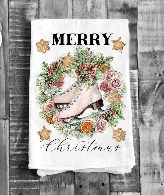 Merry Christmas Ice Skating Wreath Flour Sack Tea Towel