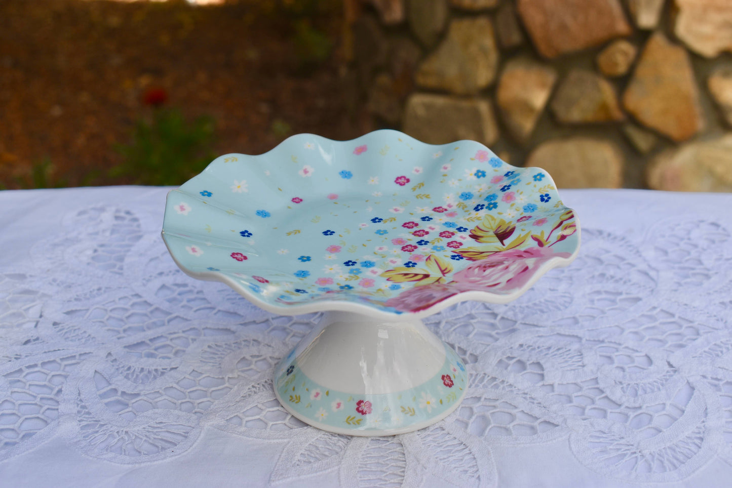 Paris Garden Aqua Blue Blush Pink Pedestal Plate