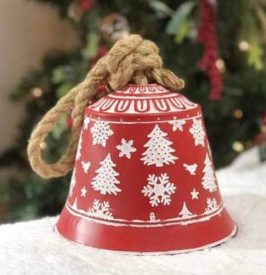 Red Bell with White Trees/Snowflakes With Rope Hanger