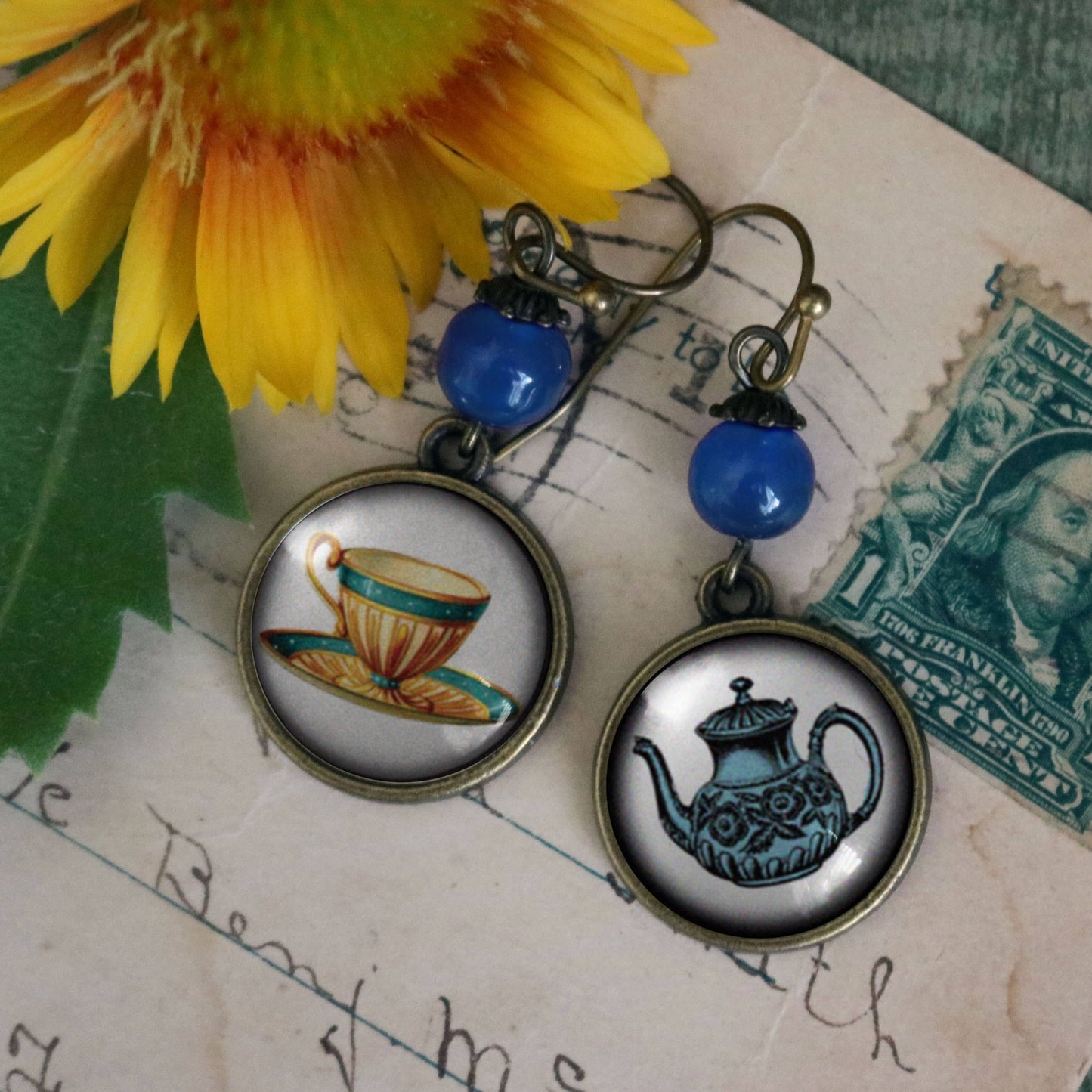 Blue Teacup and Teapot Whimsical Mismatched Earrings