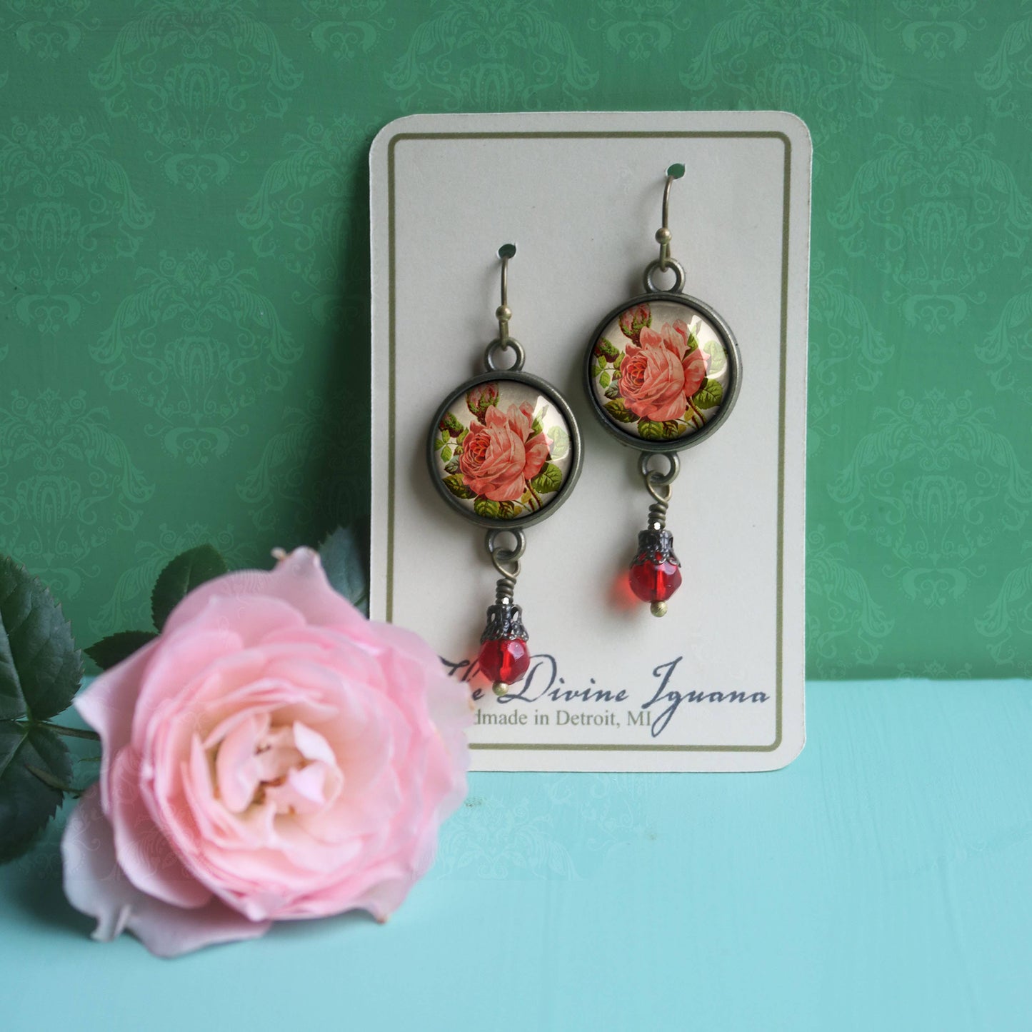 Victorian Tea Rose Earrings - Romantic Floral Valentine