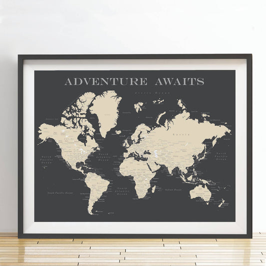 World Map Poster - Charcoal Grey: 18x24