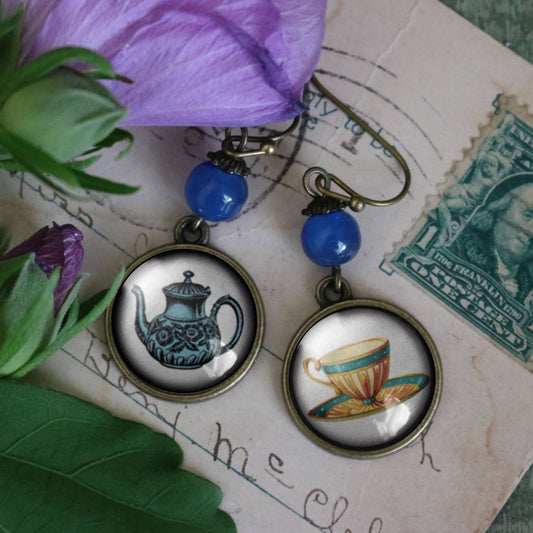 Blue Teacup and Teapot Whimsical Mismatched Earrings