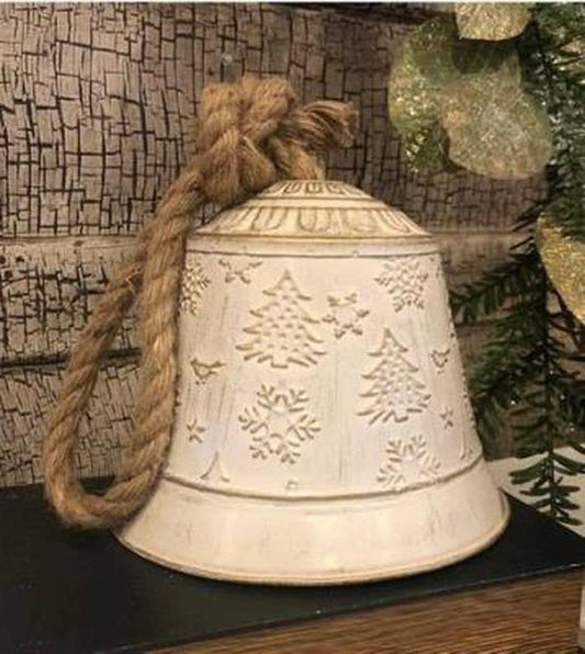 Cream Distressed Bell w/ Gold Trees/Snowflakes With Rope Hanger