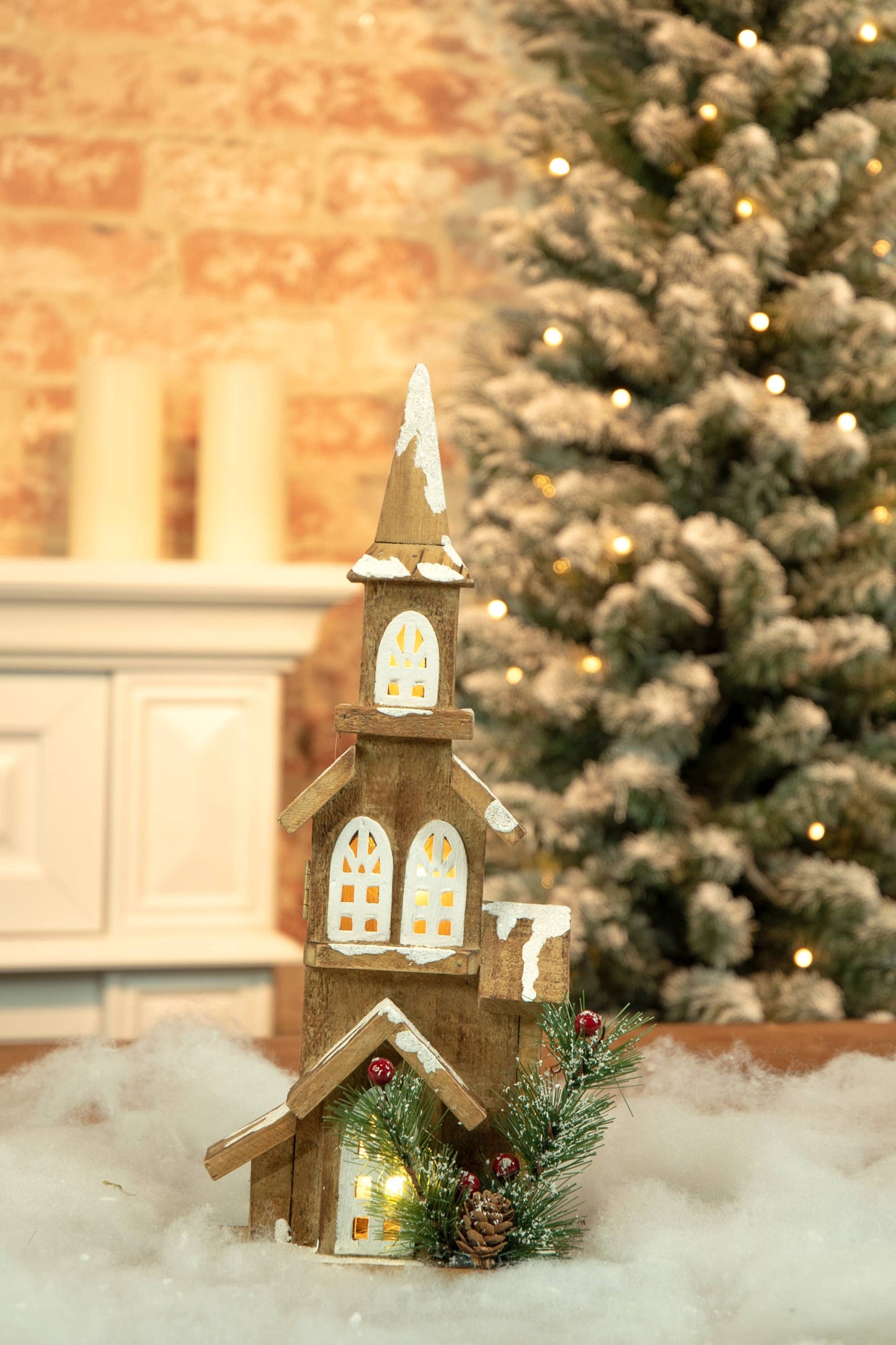 Brown Tabletop Snow-Covered Lighted Church