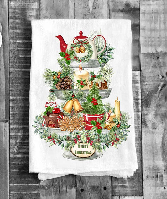 Merry Christmas Farmhouse 3 Tier Tray Flour Sack Tea Towel