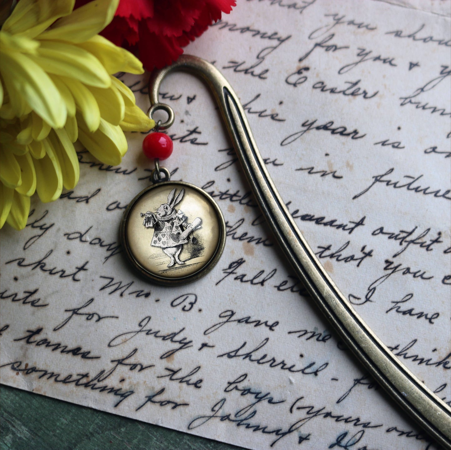 Alice in Wonderland White Rabbit Bronze Bookmark w/ Glass