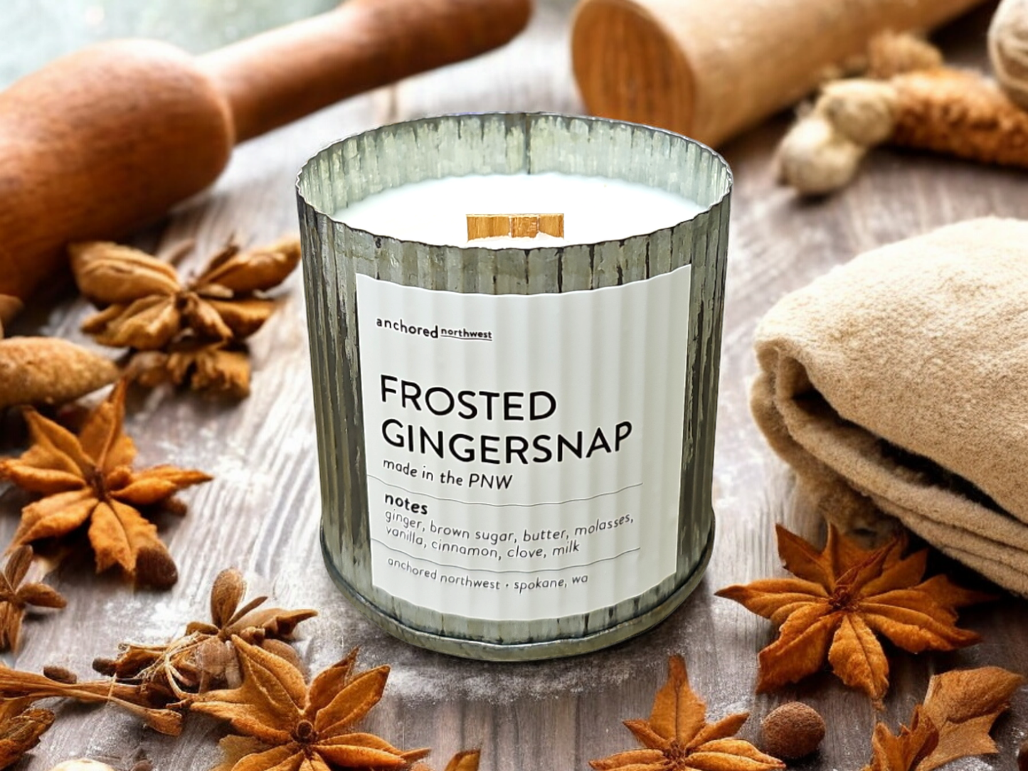 Frosted Gingersnap Rustic Vintage Farmhouse Wood Wick Candle: 10oz