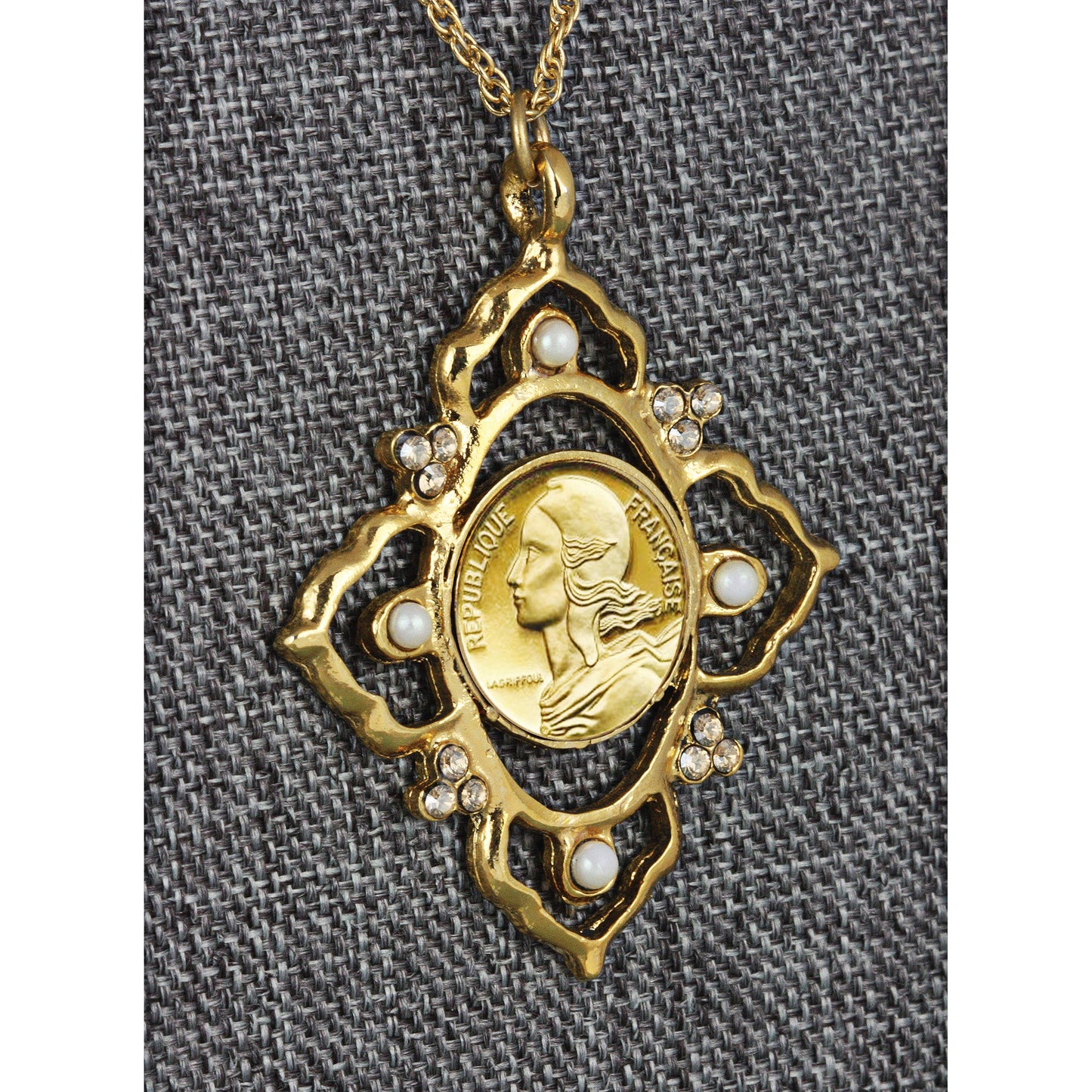 French Marianne 5 Centimes Coin Goldtone Pendant