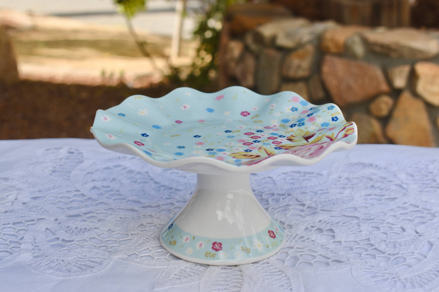 Paris Garden Aqua Blue Blush Pink Pedestal Plate