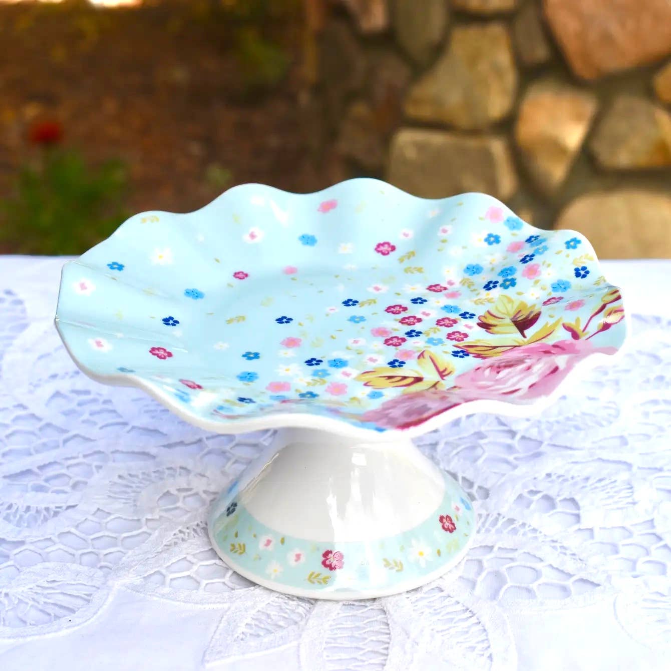 Paris Garden Aqua Blue Blush Pink Pedestal Plate