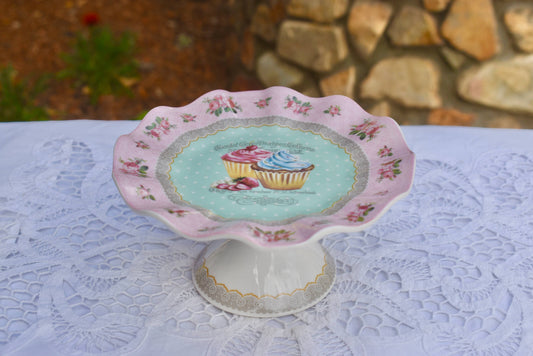 French Pink Patisserie Cupcakes Pedestal Plate