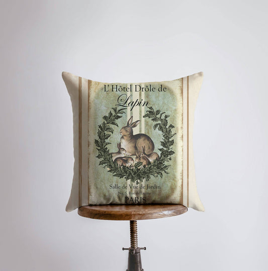 Vintage French Rabbit Design Pillow Cover | Farmhouse Decor | Home Décor | Rabbit Art | Throw Pillows | Decorative Pillows | Room Decor: 16x16 Inches / Cover & Insert