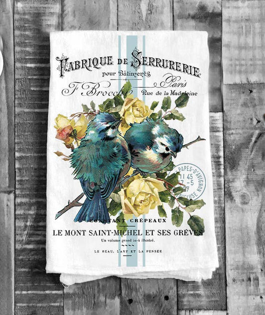 Vintage French Birds Roses Kitchen Flour Sack Tea Towel